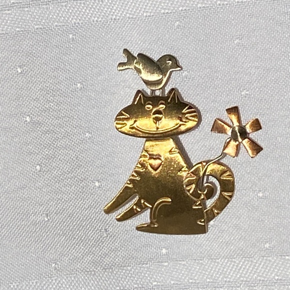 Cat Bird Figure Tri-tone Artisan Brooch Pin - Picture 6 of 16